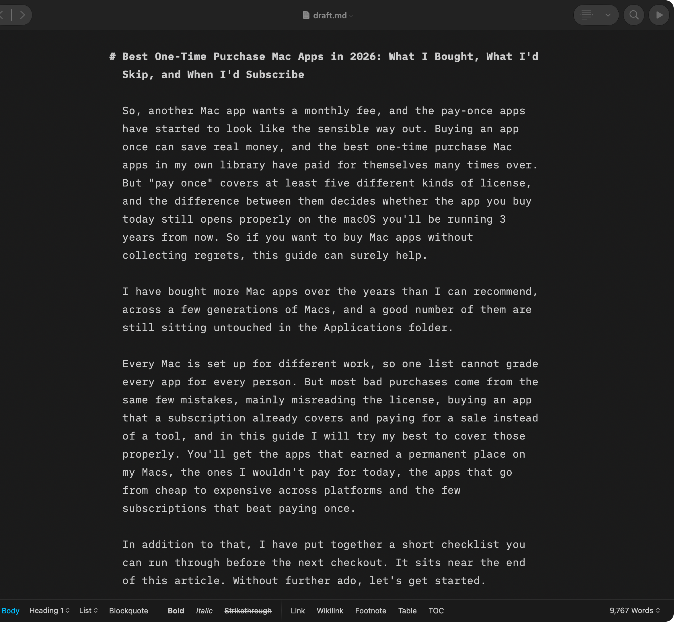 iA Writer's editor with a Markdown draft open and no toolbar or panels in view