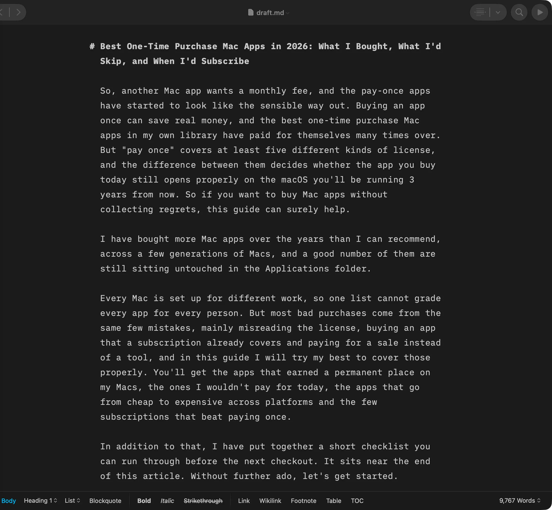 iA Writer's editor with a Markdown draft open and no toolbar or panels in view