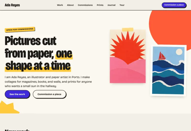 Indium's Paper homepage for a sample illustrator, with a narrow black headline marked in yellow, two buttons and two cut-paper collages taped beside it