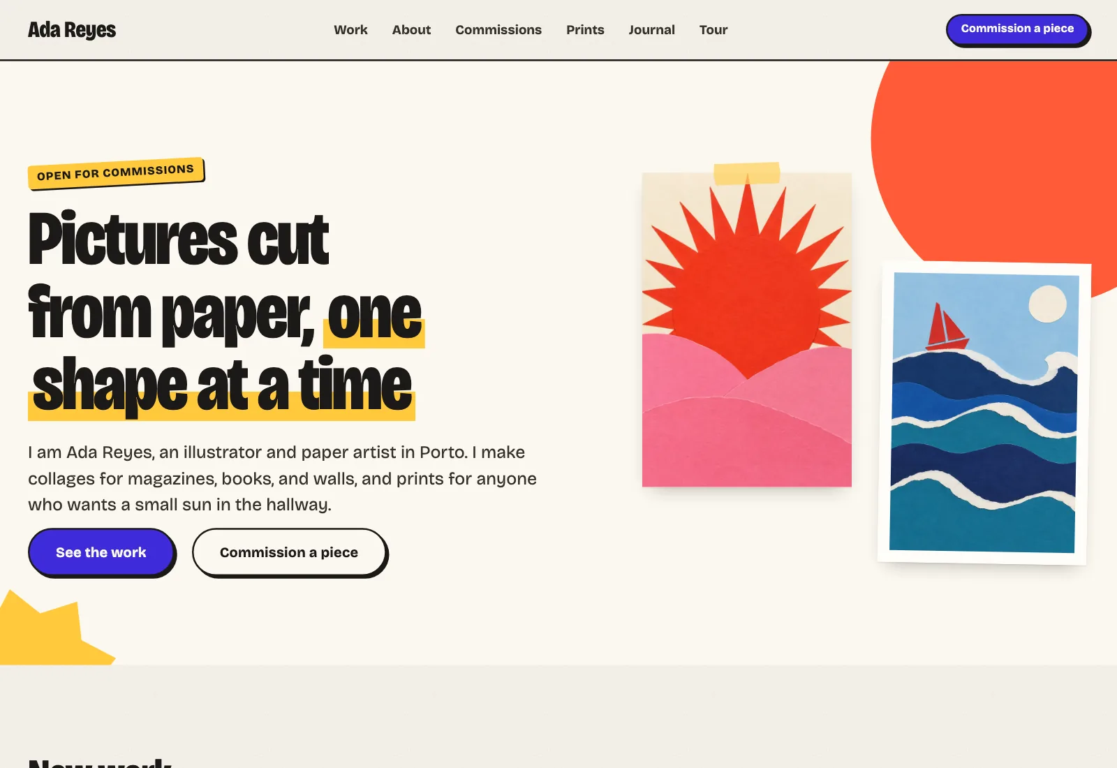 Indium's Paper homepage for a sample illustrator, with a narrow black headline marked in yellow, two buttons and two cut-paper collages taped beside it