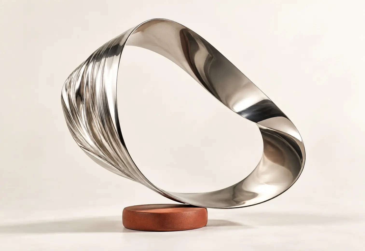 Polished silver ribbon sculpture balanced above a red ceramic disc