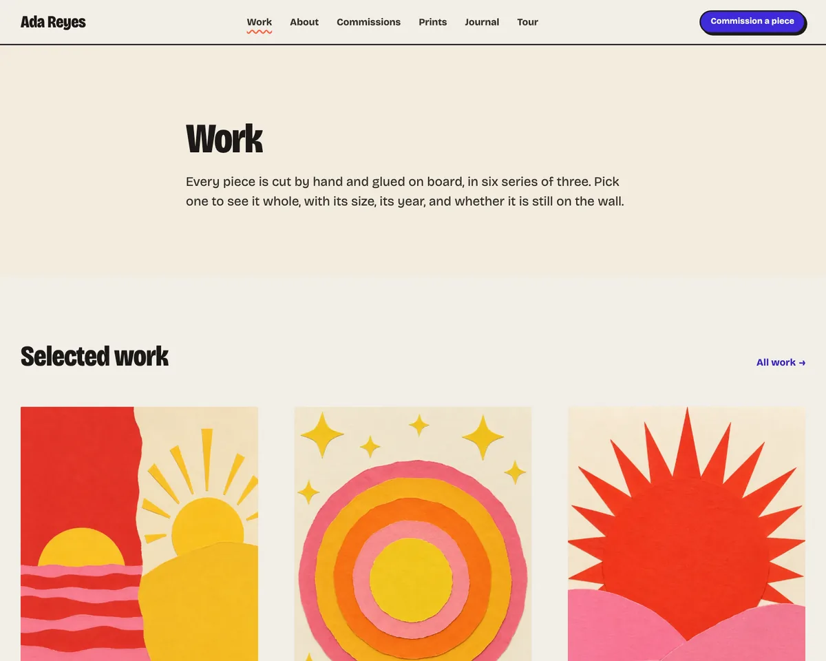 Indium's work page, with a page header on deeper paper above a grid of cut-paper collages