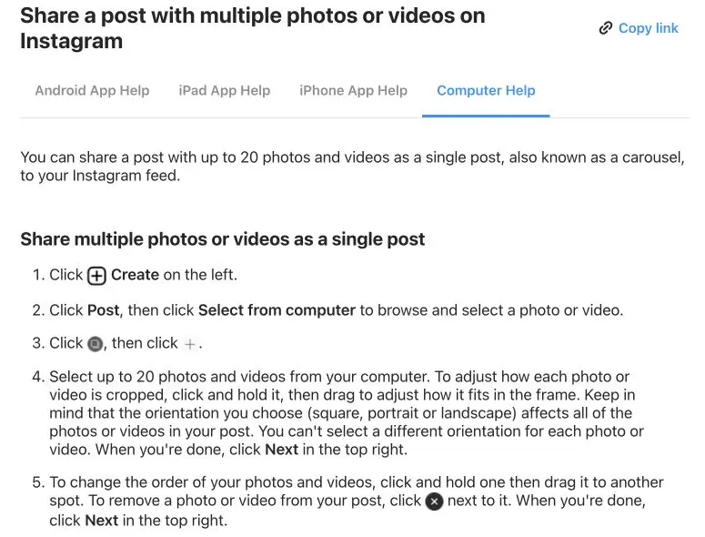 Instagram carousel instructions explain the shared orientation and how to adjust individual photo or video crops.