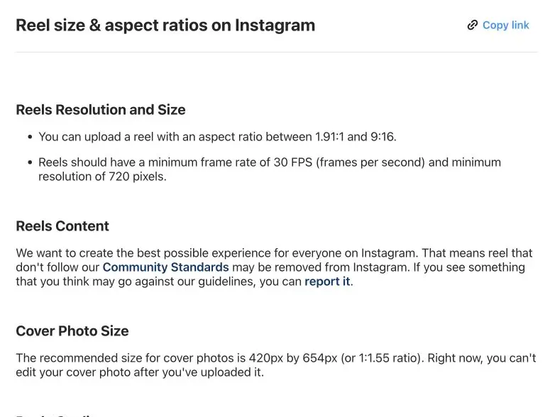Instagram Help Center lists the accepted Reel aspect-ratio range, minimum frame rate and minimum resolution.