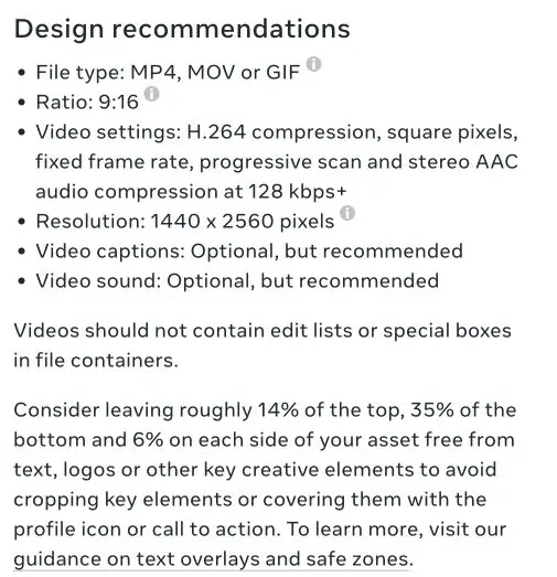 Meta Ads Guide shows Instagram Stories video-ad design recommendations and safe-zone guidance.