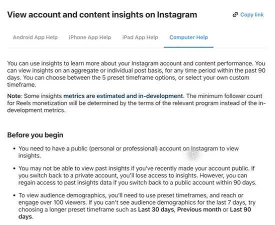 Instagram Help Center describes Insights access for public personal and professional accounts.