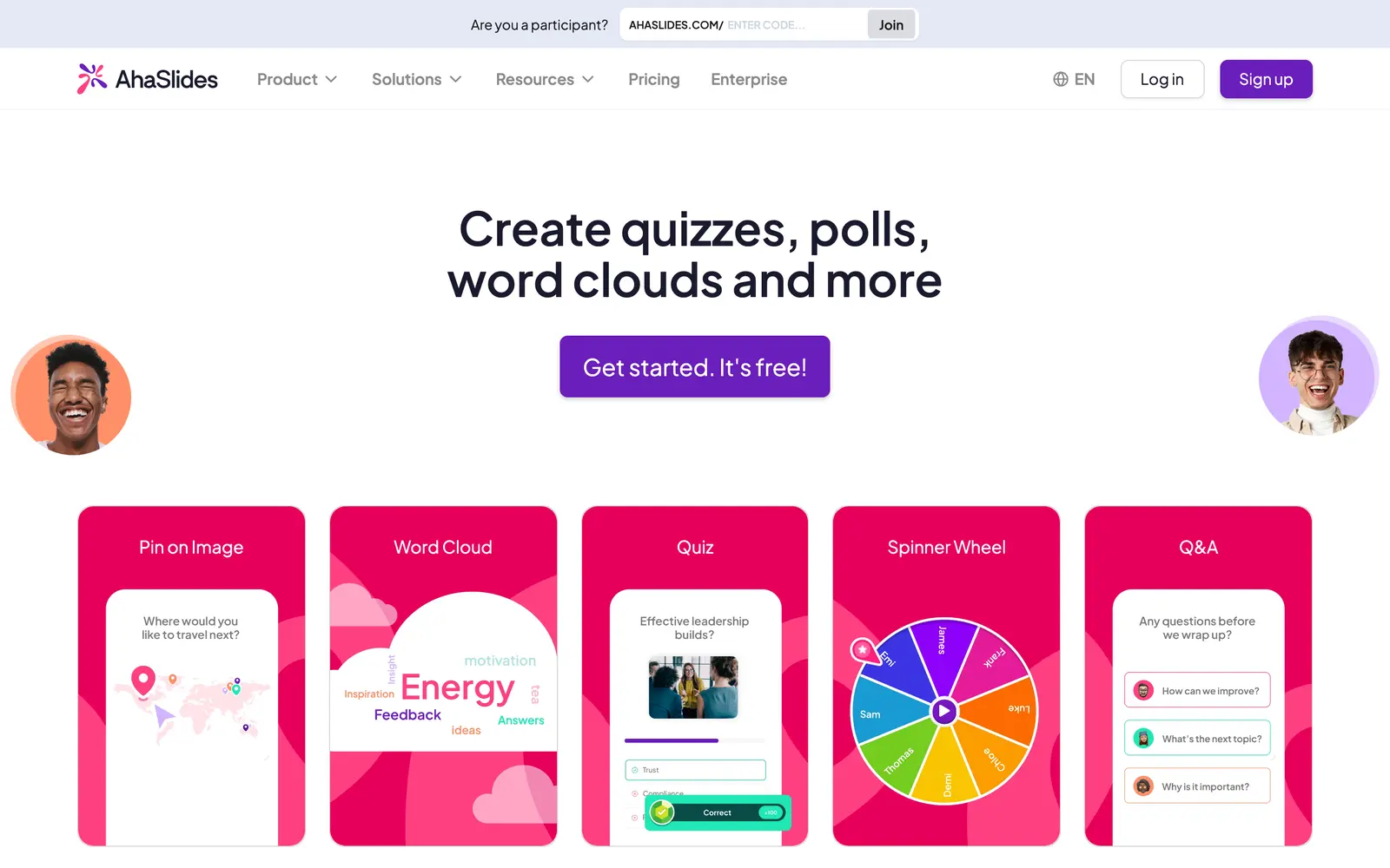 AhaSlides homepage showing example slides for pin on image, word cloud, quiz, spinner wheel and Q&A