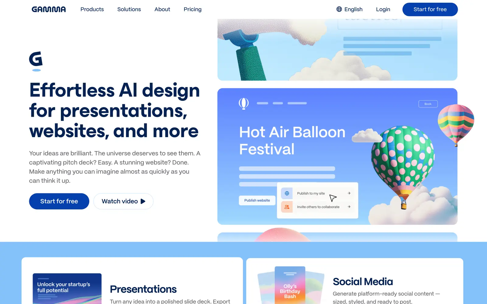 Gamma homepage describing AI design for presentations and websites, with a generated card about a hot air balloon festival