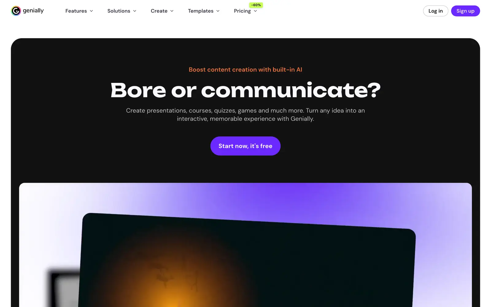 Genially homepage asking Bore or communicate, describing interactive presentations, courses, quizzes and games