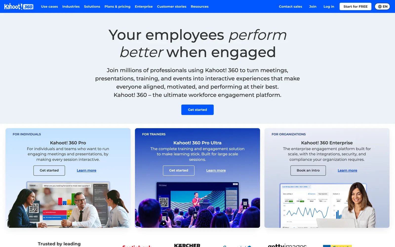 Kahoot! business page describing game-based quizzes for workplace training and events