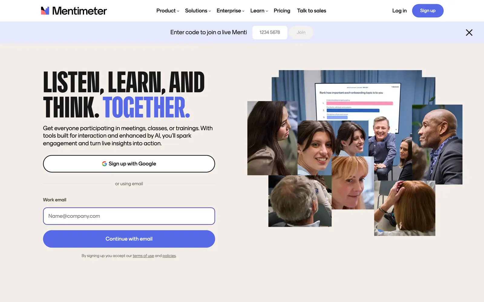 Mentimeter homepage with the sign-up form and a join-code bar for live participants