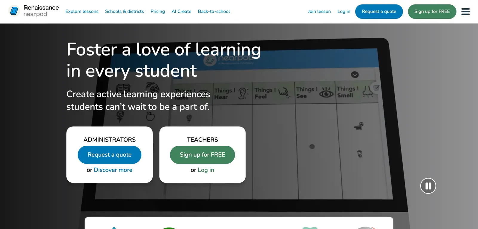 Nearpod homepage with separate sign-up paths for administrators and teachers in front of a lesson on a tablet