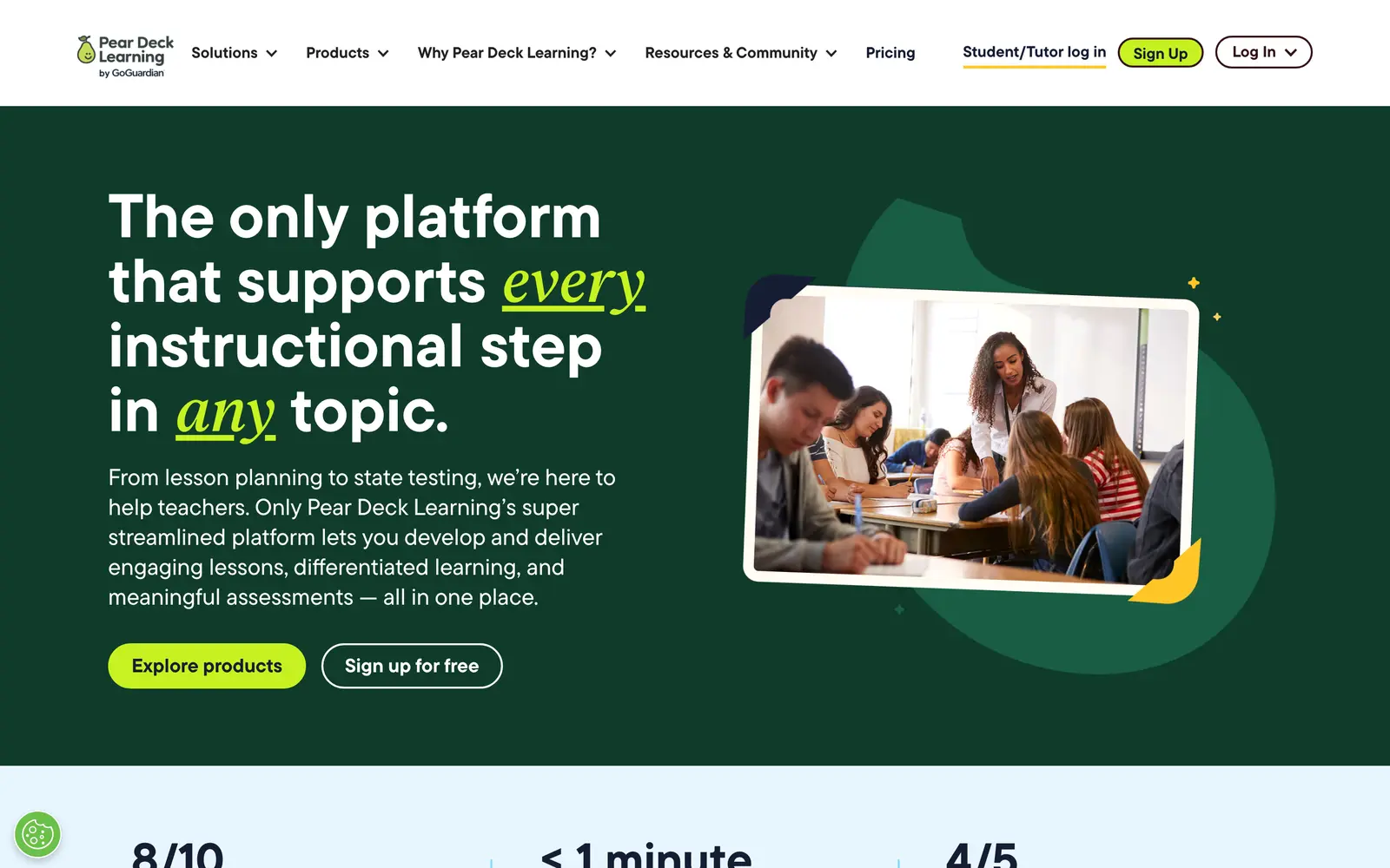 Pear Deck Learning homepage describing lesson planning and delivery for teachers, with a classroom photo