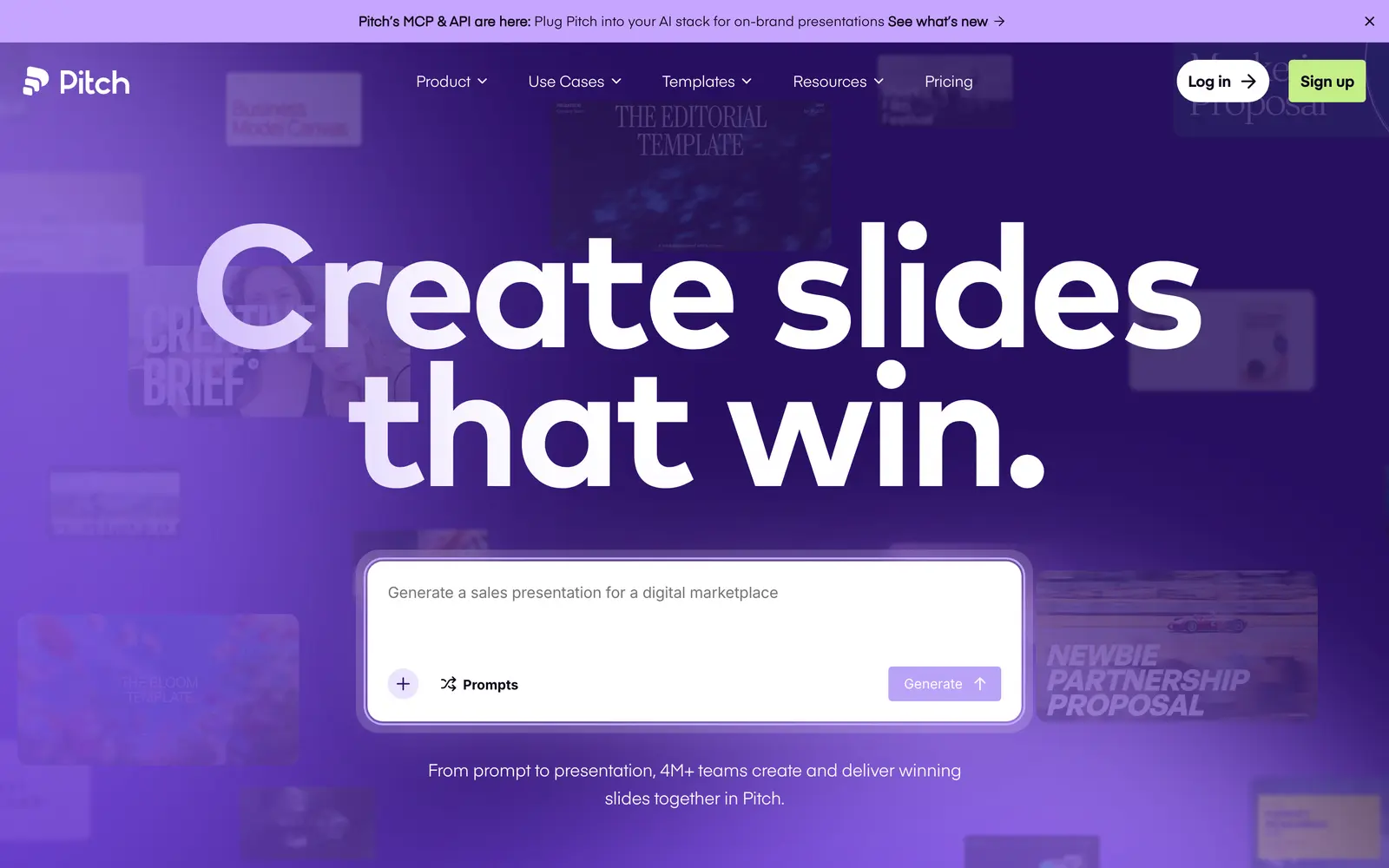 Pitch homepage with the headline Create slides that win and a prompt box for generating a presentation