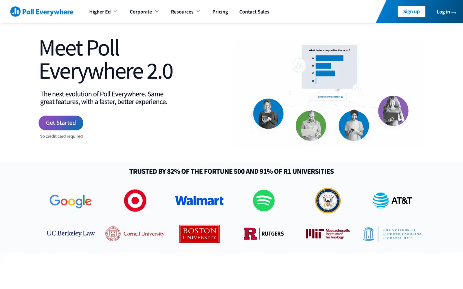 Poll Everywhere homepage introducing Poll Everywhere 2.0 with a row of university and company logos