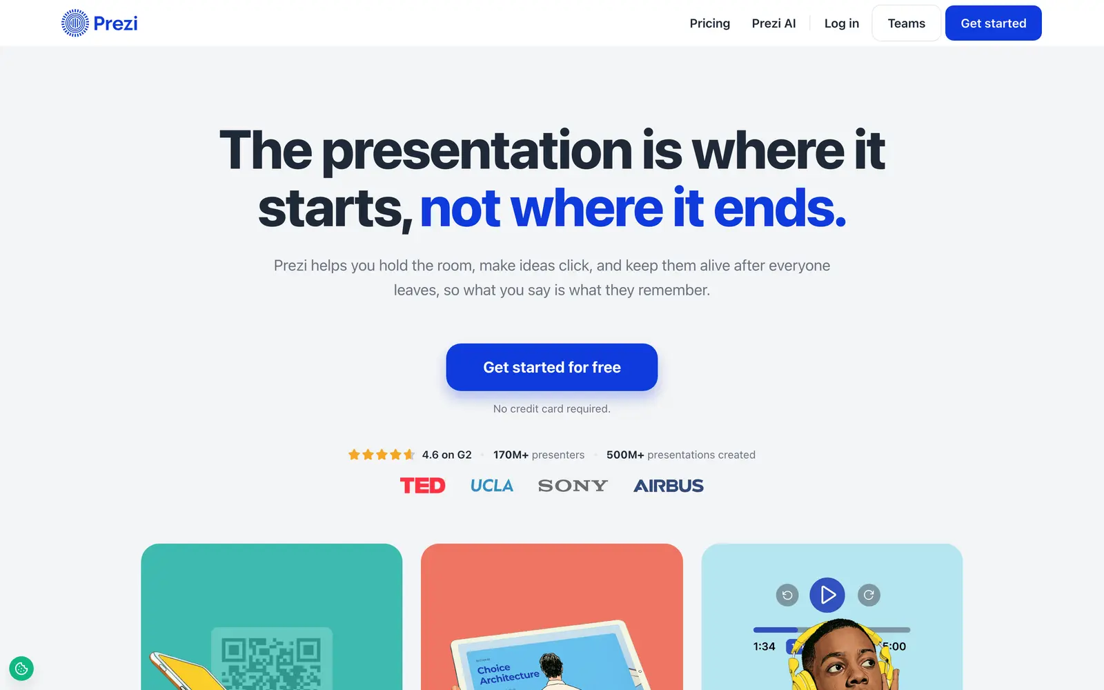 Prezi homepage with the line The presentation is where it starts, not where it ends, and example canvases below
