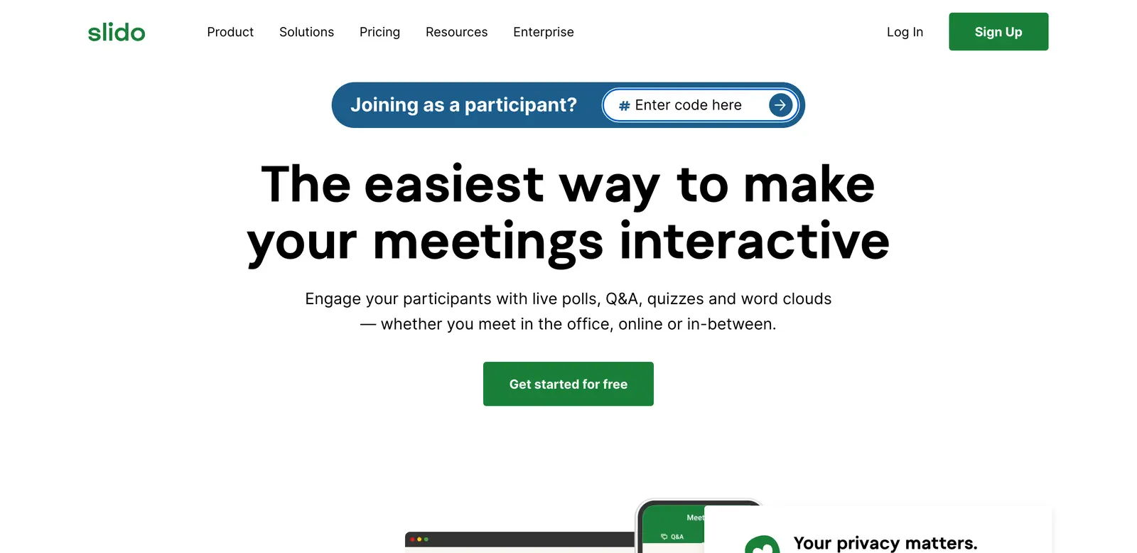 Slido homepage describing live polls, Q&A, quizzes and word clouds for meetings, with a participant code field