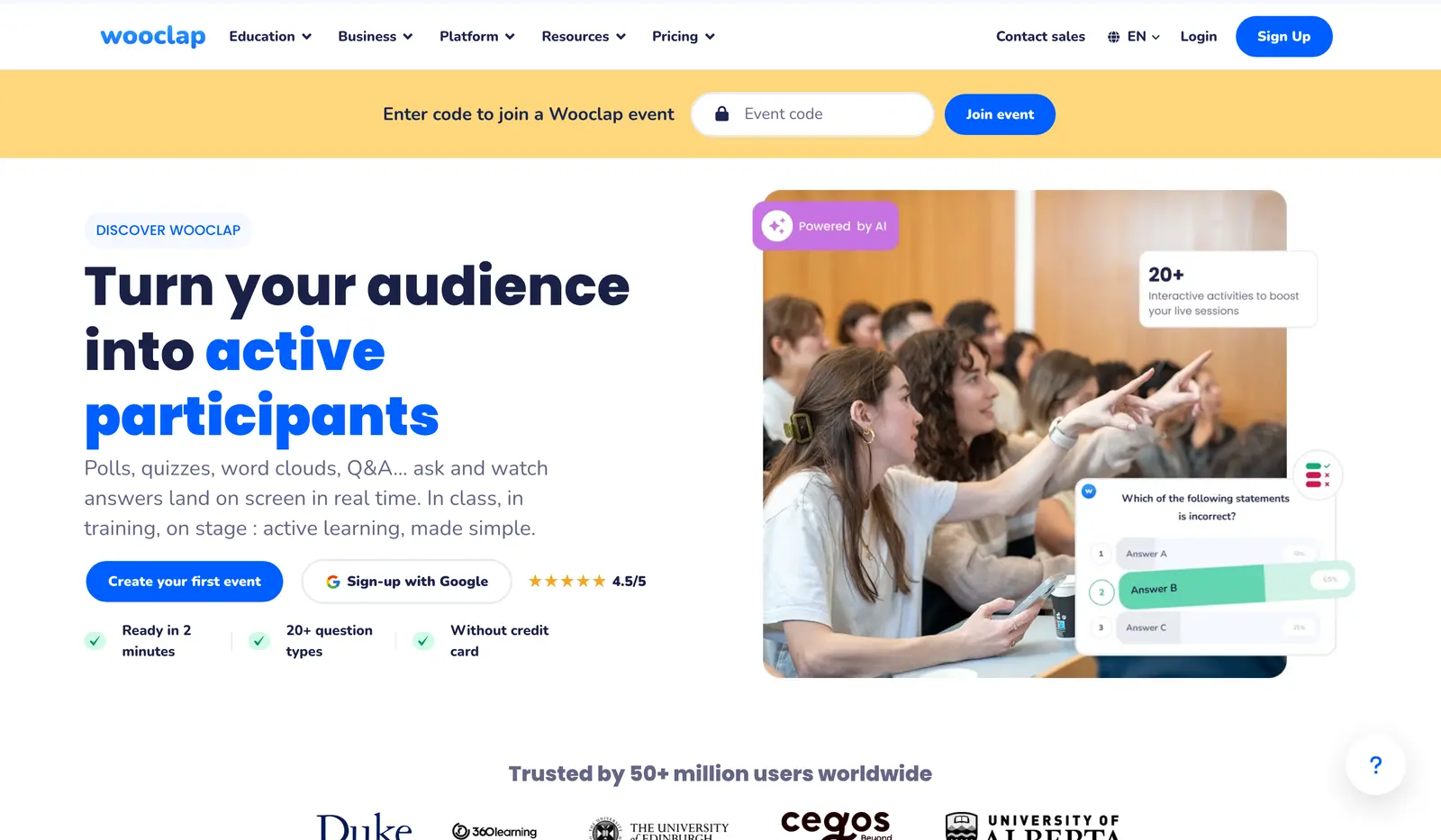 Wooclap homepage showing a lecture hall with students answering a question on their phones and a join-event code field