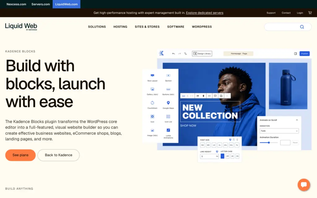 Kadence Blocks product page on Liquid Web showing a block editor layout with the design library and animation settings panels