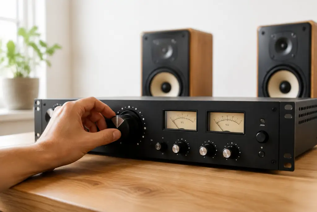 A hand turning the large knob on a hardware bus compressor with two VU meters, studio monitors behind it on a wooden desk