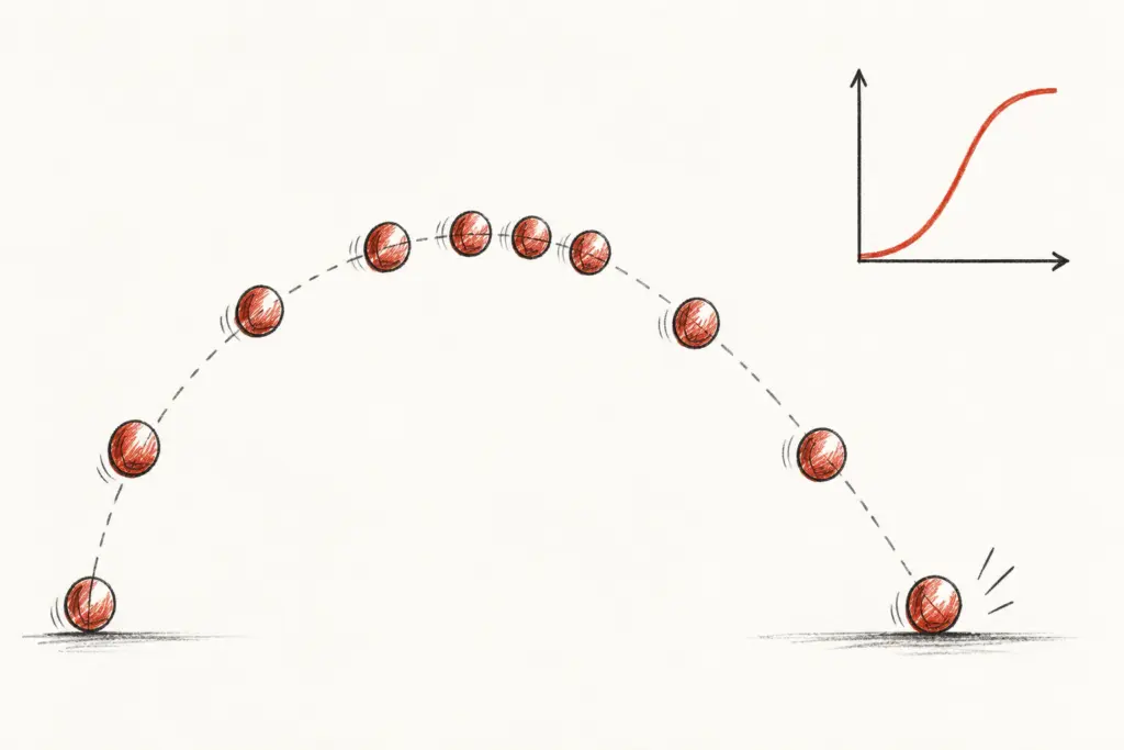 Hand-drawn bouncing ball shown in several positions along an arc, bunched near the top and spread near the bottom, with a small S-shaped easing curve