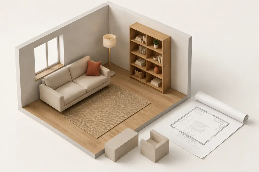 Isometric cutaway of a small living room with a sofa, rug, lamp and bookshelf, beside a rolled floor plan and two unplaced furniture blocks