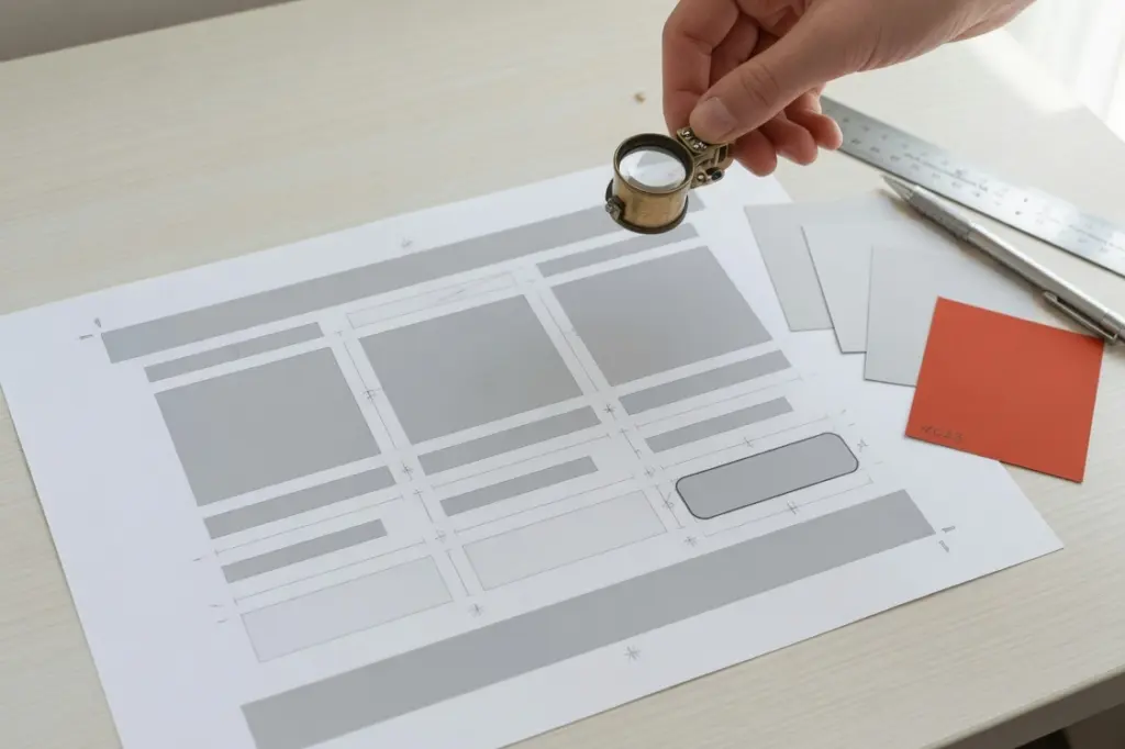 A hand holding a loupe over a printed web page layout made of grey blocks, with color swatches, a ruler and pencil marks beside it