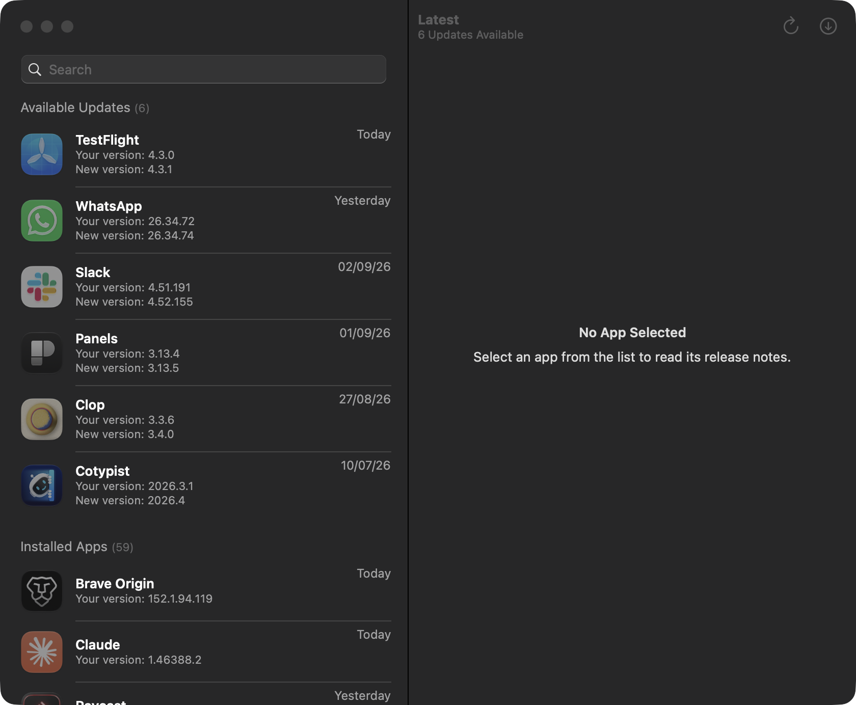 Latest listing 6 available updates for non-App Store apps on a Mac, including Clop and Panels