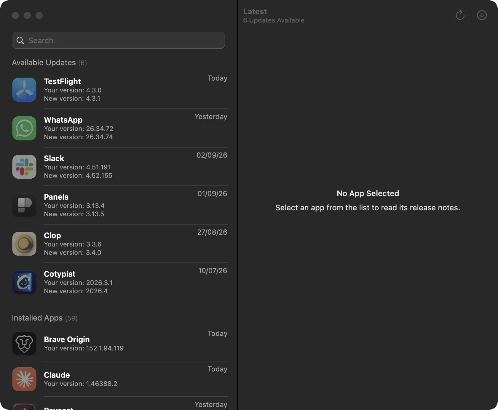 Latest listing 6 available updates for non-App Store apps on a Mac, including Clop and Panels