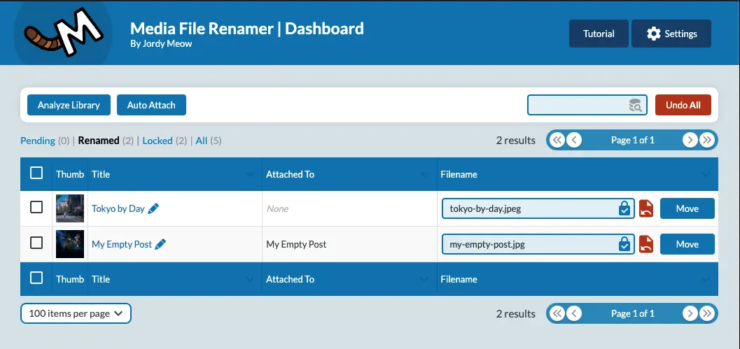 Media File Renamer dashboard in WordPress listing two images with their titles and editable file name fields