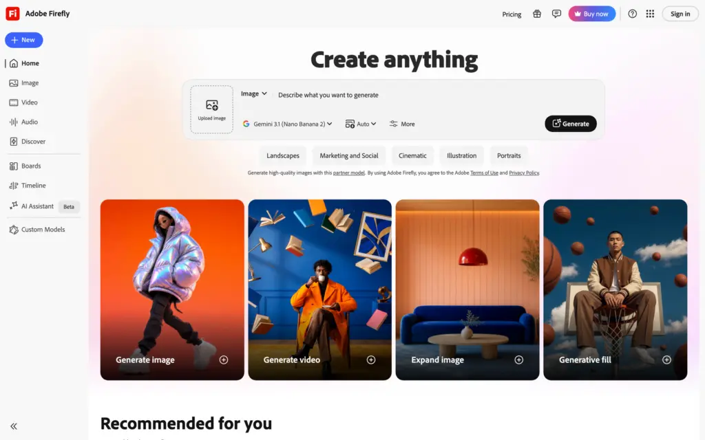 Adobe Firefly generate bar with Gemini 3.1 Nano Banana 2 selected as a partner model