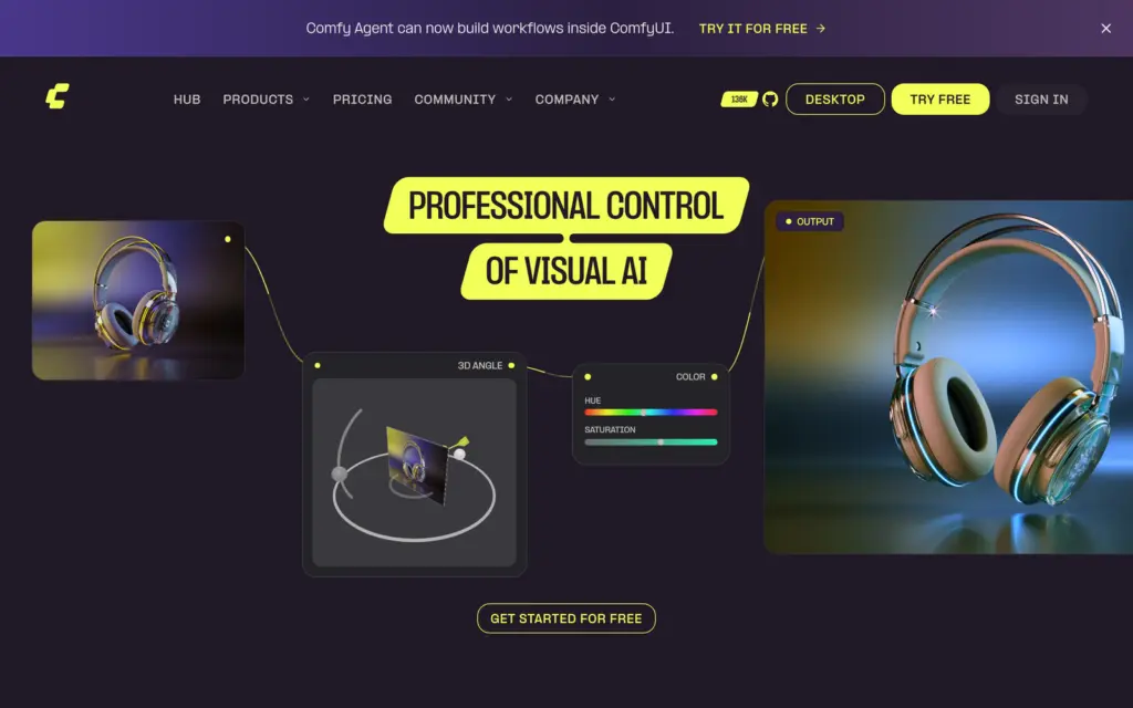 ComfyUI homepage showing a node-based workflow with 3D angle and color controls