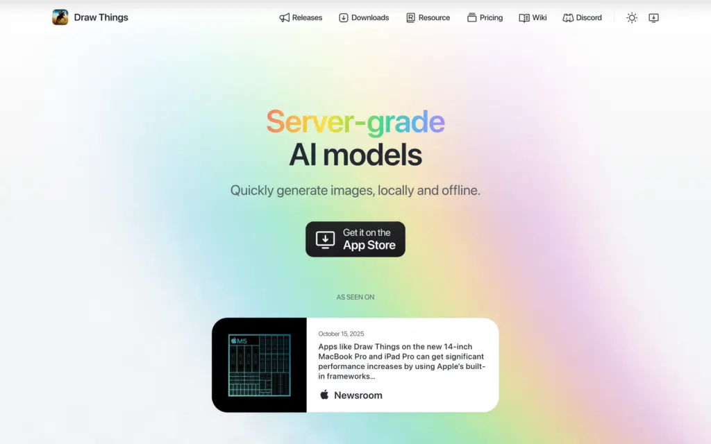 Draw Things app homepage for local and offline image generation on Apple devices
