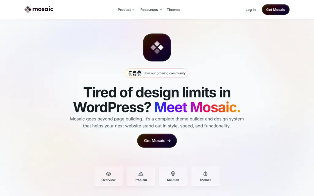 Mosaic homepage describing a WordPress theme builder and design system with a Get Mosaic button