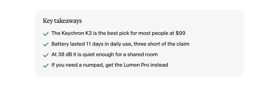 Key takeaways pattern in Osmium's Editorial style