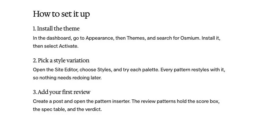 Numbered steps pattern in Osmium's Editorial style