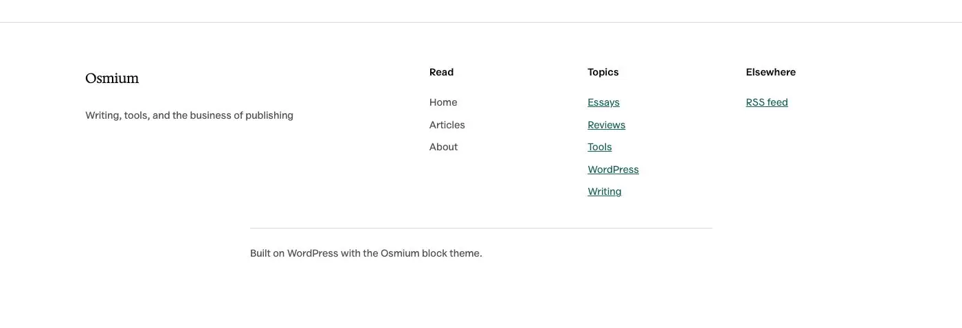 Footer, four columns pattern in Osmium's Editorial style