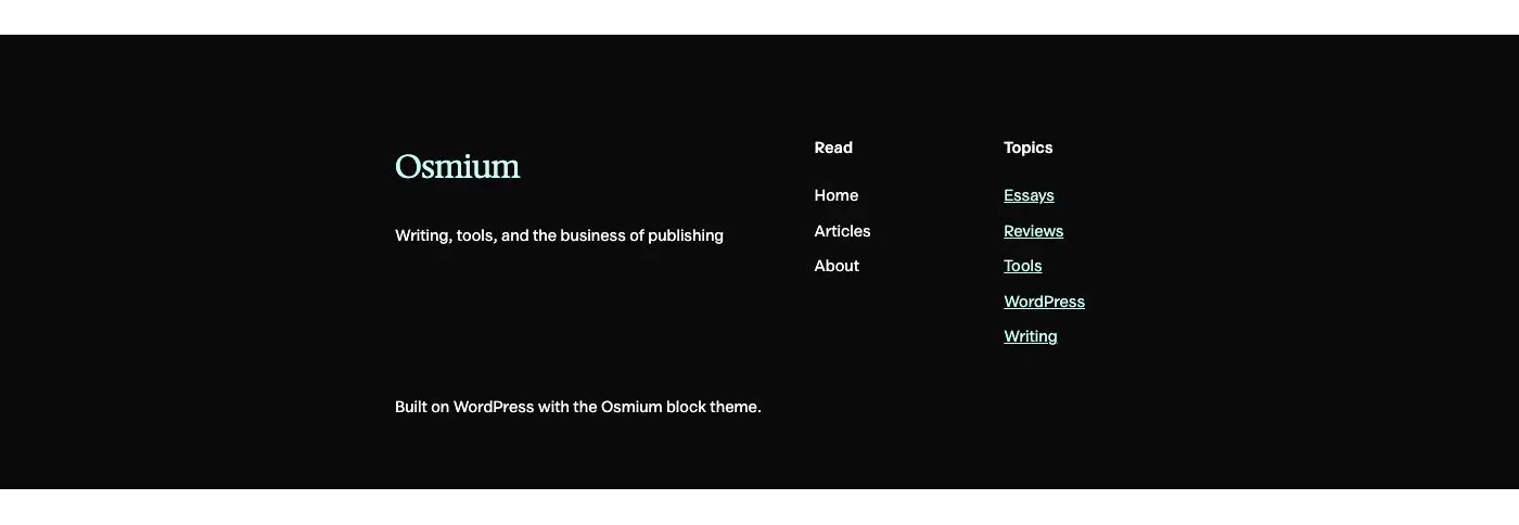 Footer, dark pattern in Osmium's Editorial style