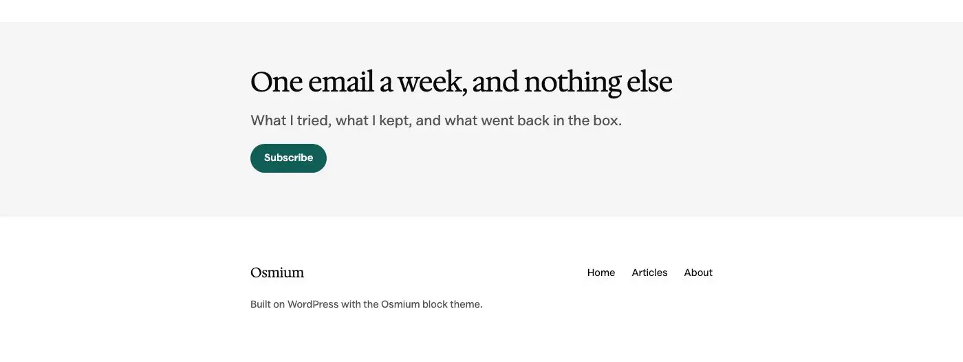 Footer with a signup band pattern in Osmium's Editorial style