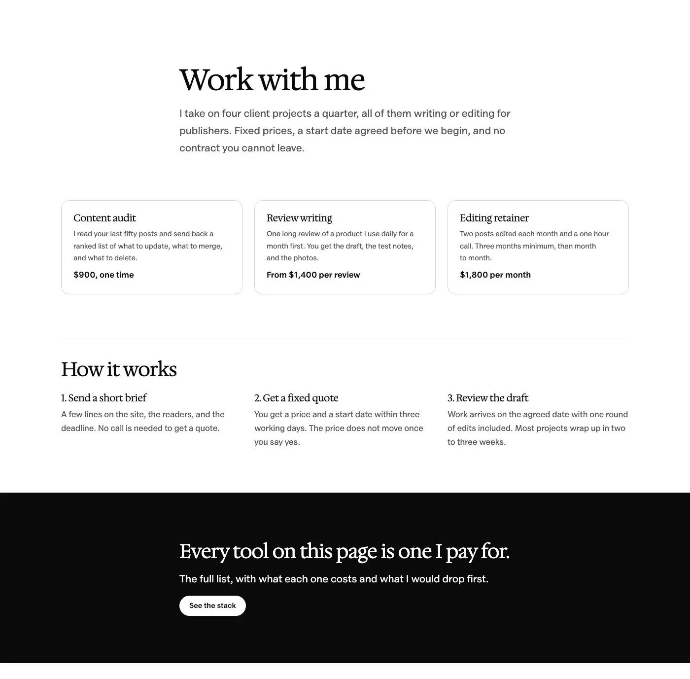 Work with me page pattern in Osmium's Editorial style