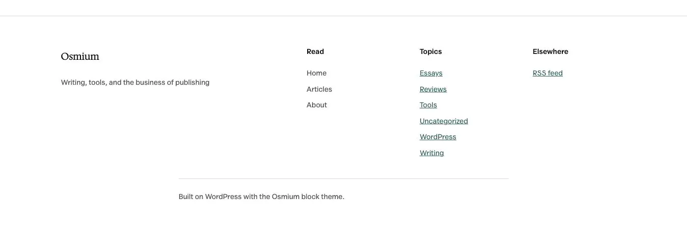 Footer, four columns pattern in Osmium's Editorial style