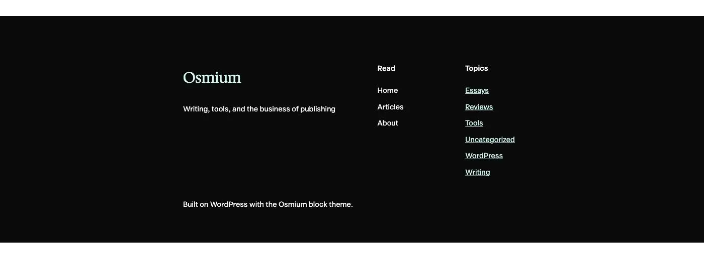 Footer, dark pattern in Osmium's Editorial style