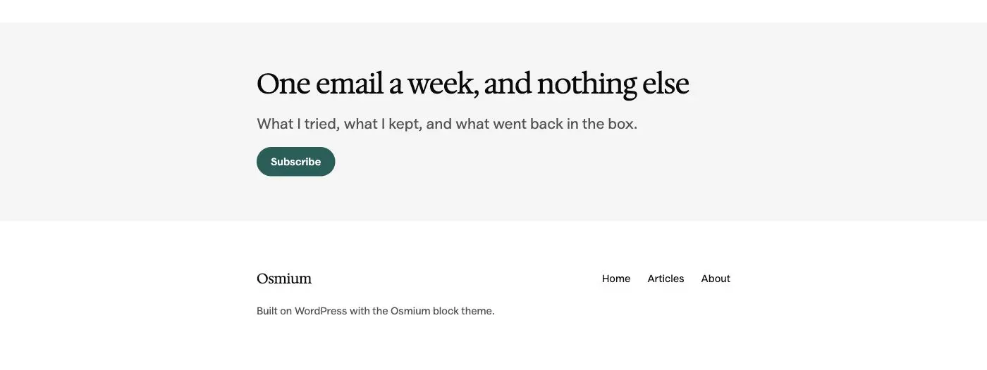 Footer with a signup band pattern in Osmium's Editorial style