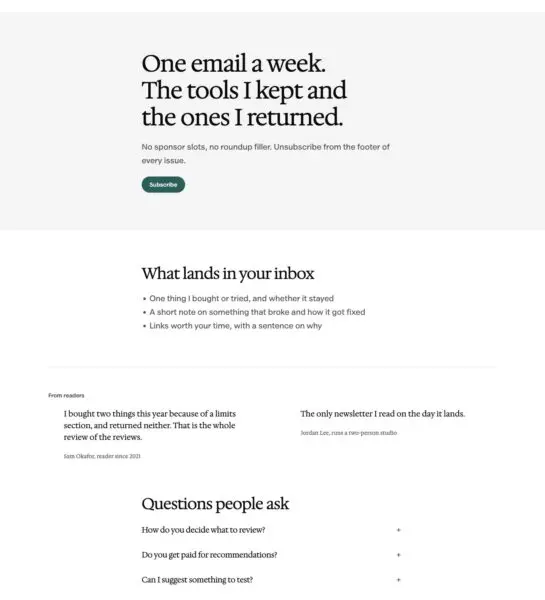 Newsletter landing page pattern in Osmium's Editorial style