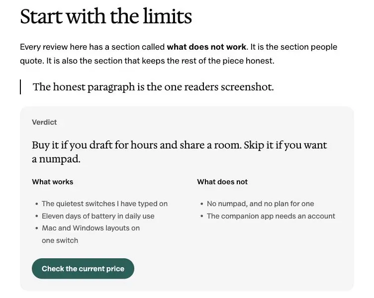 Osmium's reading column with serif headings, body text and a review verdict