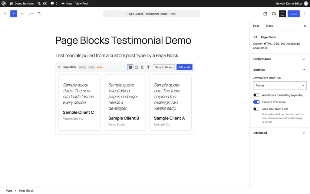 Page Blocks Builder section in the WordPress editor rendering three testimonials from a custom post type, with the PHP badge and the Execute PHP code setting turned on