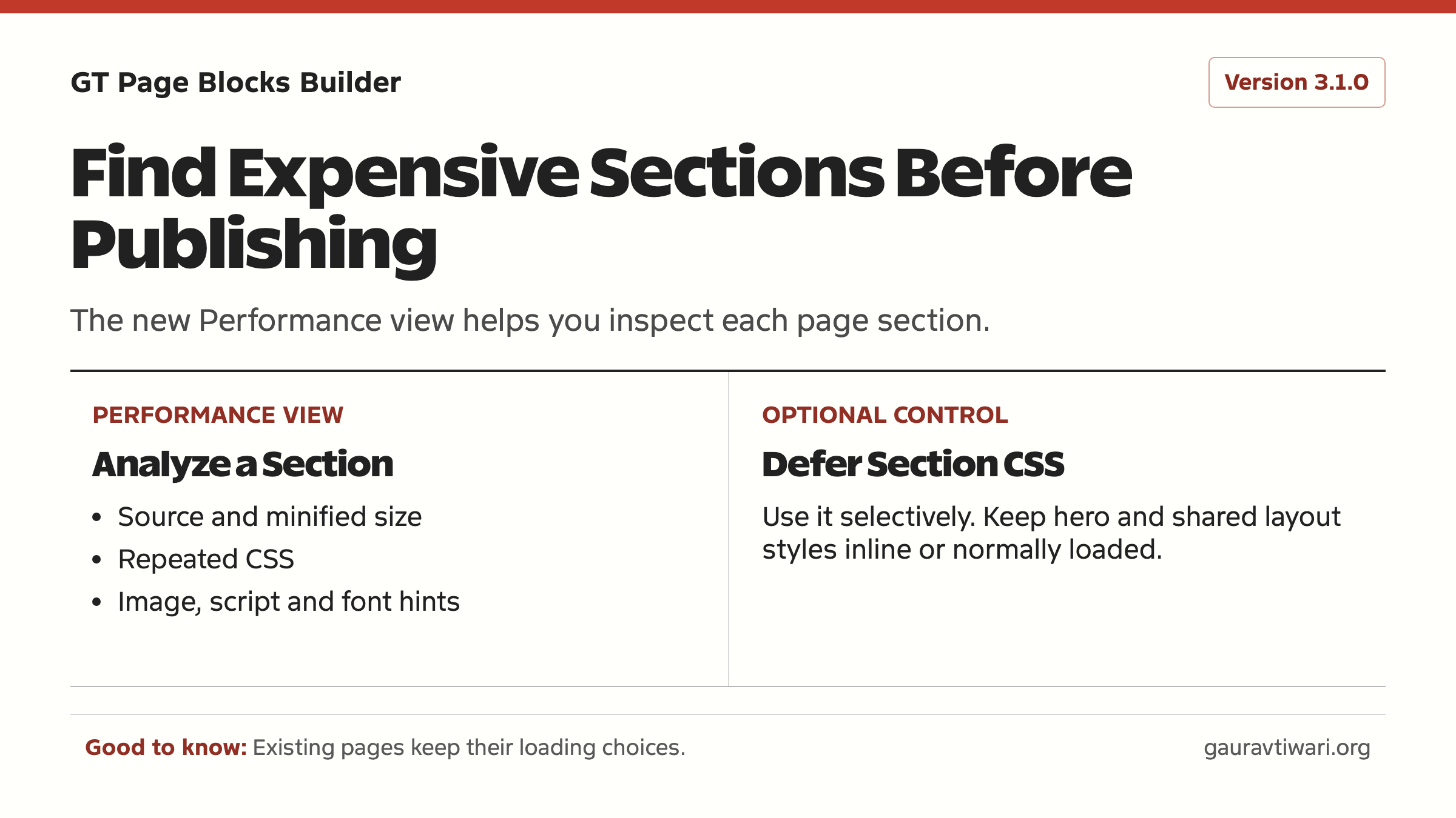 Page Blocks Builder Performance analysis and optional per-section CSS deferral.