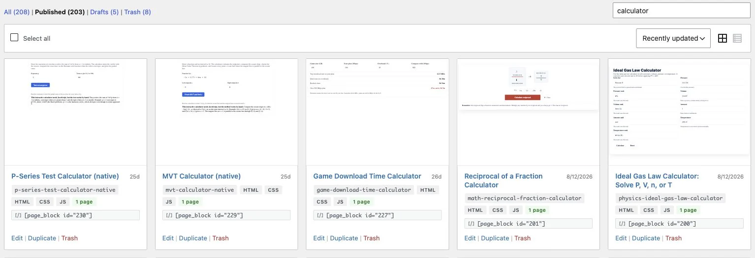 Published Page Blocks library with search, sorting, live thumbnails, usage counts, and shortcode controls