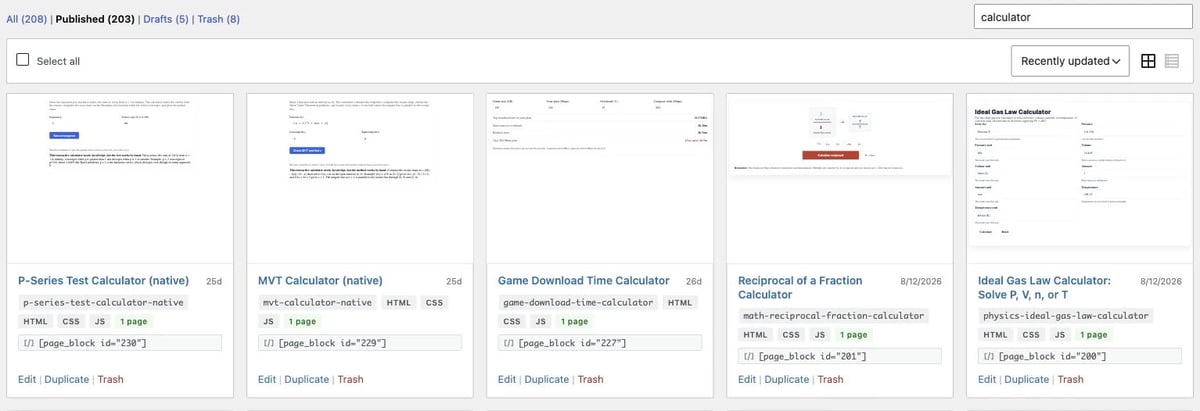 Published Page Blocks library with search, sorting, live thumbnails, usage counts, and shortcode controls