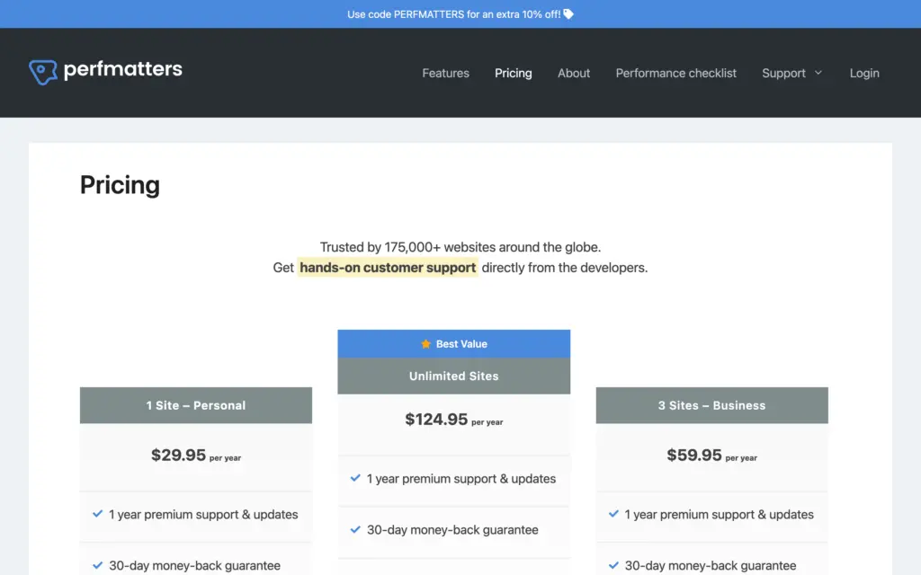 Perfmatters pricing page starting at $29.95 a year for 1 website